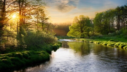 a serene forest river flows gently through a lush landscape illuminated by the warm glow of a spring evening sun