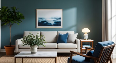Stylish Living Room Interior with Modern Furniture and Calming Blue Palette
