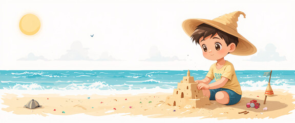 A beautiful woman in a sun hat and bikini enjoys a fun summer vacation on a tropical beach