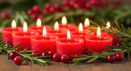 Beautiful Red Candles Lit for Holiday Celebration with Cranberries and Rosemary