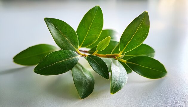 fresh green myrtle plant on a clean white surface illuminated with natural light in macro style