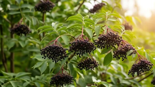 Clusters of dark elderberries ripening on a green bush in natural sunlight, ready for harvest.