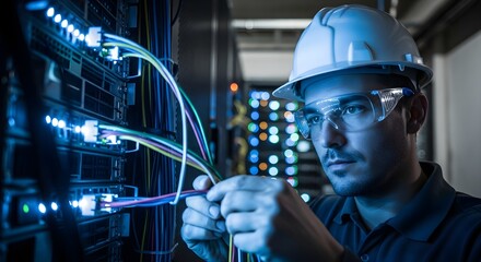 Server Technician Inspecting Cables in Data Center for Maintenance and Performance