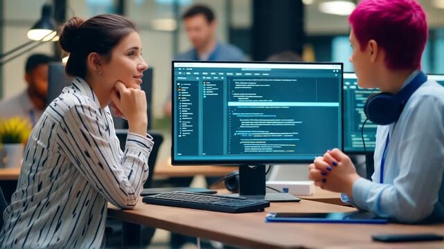 Female Software Developers Collaborating on Code in Tech Office for Inclusive Digital Innovation