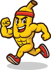 animated vector of muscular animated banana fruit, six pack abs running using running shoes