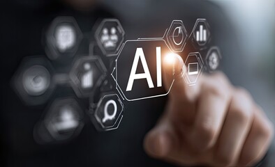 Hand touching a holographic AI interface with various data icons