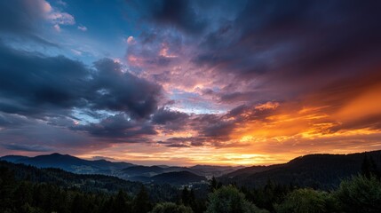 Obraz premium A dramatic sunset paints a vibrant tapestry of colors across a mountainous landscape, with stormy clouds adding depth and drama to the scene.