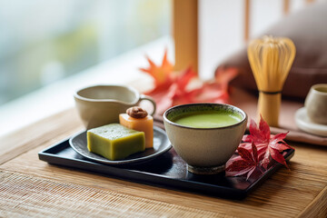 和菓子と抹茶の秋のティータイム