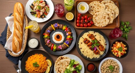 Mediterranean Feast Delicious Cuisine with Seafood, Kebabs, Bread and colorful Salads