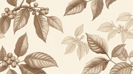 Obraz premium Sepia toned botanical illustration with leaves and berries scattered across a cream background