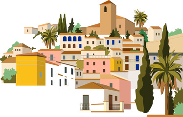 Vector illustration of a colorful Spanish town with traditional houses, palm trees, and a church tower.