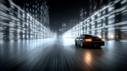 A futuristic car speeding down the road, with a luminous display screen on the side, symbolizing technological innovation in car design.
