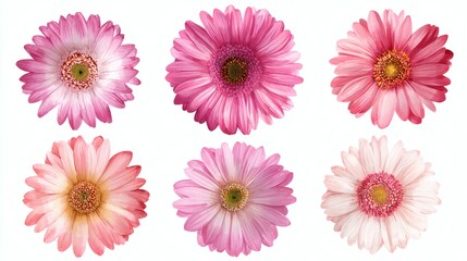 A collection of six vibrant gerbera daisies in various shades of pink and white, showcasing their intricate petals and central disc florets