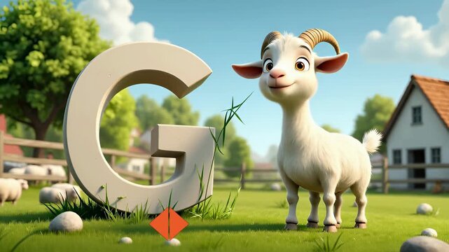Cheerful Goat with Letter G in a Lush Green Field Near a House under a Bright Blue Sky