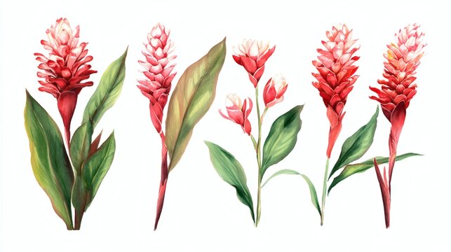 A collection of red ginger flowers with green leaves, showcasing various stages of bloom
