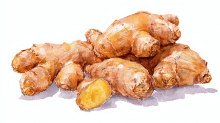 A pile of fresh ginger roots, showcasing their textured skin and earthy tones, with one piece cut to reveal the yellow interior