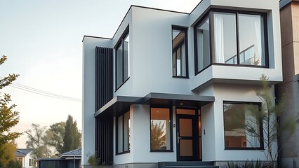 Modern residential building with clean lines and large windows, embodying minimalist and contemporary architectural style.