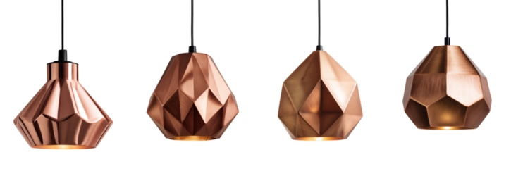 Modern Geometric Copper Pendant Light Fixtures, Elegant Faceted Design, Warm Illumination, Luxurious Interior Decor, PNG set Transparent backround