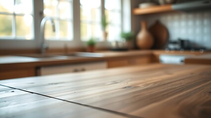 A close-up of a wooden table with soft bokeh and minimalist kitchen aesthetics.