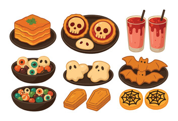 Halloween-themed treats with cookies, candy, and spooky drinks on display