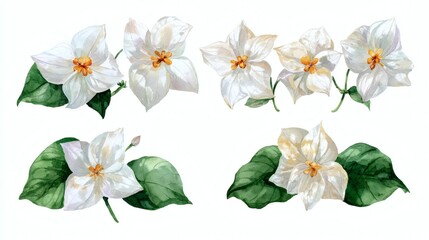 Fototapeta premium A collection of watercolor illustrations featuring white flowers with yellow centers and green leaves, arranged in various positions
