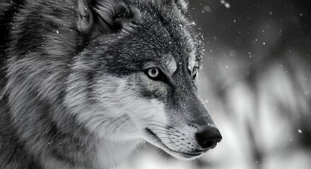 Black and White Close-Up Portrait of a Wild Wolf in Snowy Forest