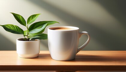a white coffee cup sits on a table next to a potted plant the plant is green and has a leafy appearance the coffee cup is filled with coffee and the table is made of wood