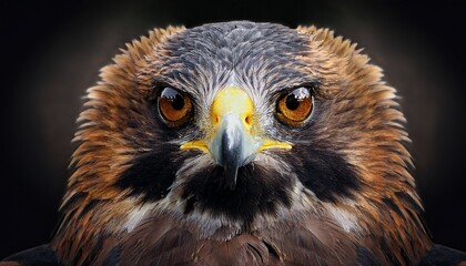 a close up of a fierce bird of prey with sharp eyes and detailed feathers against a dark background
