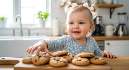 A Smiling Baby Reaching for Chocolate Chip Cookies on a Wooden Board in Kitchen
