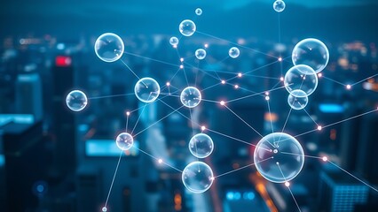 Floating translucent spheres connected by glowing lines, symbolizing global business networks.