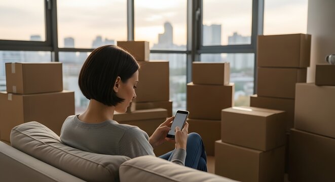 woman rests with smartphone surrounded by moving boxes