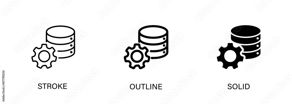 Poster gears and database icons for technology, storage, data, computers and it. vector stroke, outline and