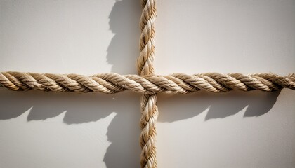 textured rope arranged in shape of crosses on pristine white wall creates striking visual contrast