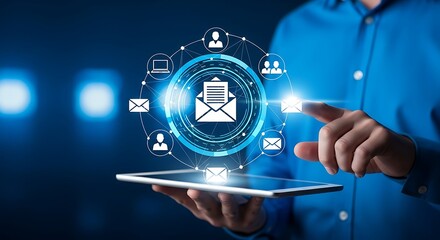 Businessman touching a digital interface with email and network icons on a tablet
