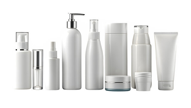 Collection of white cosmetic bottles and tubes isolated on transparent background