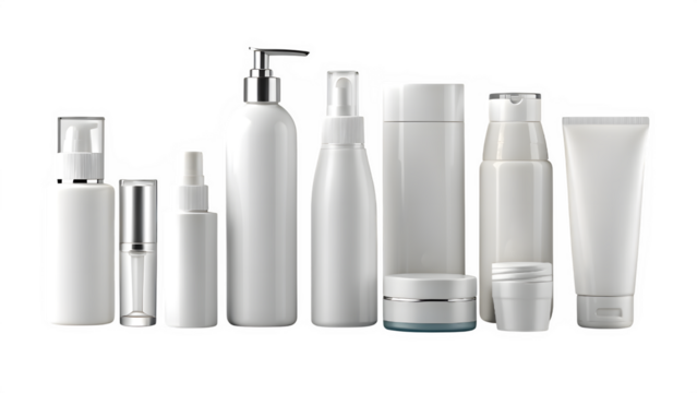 Collection of white cosmetic bottles and tubes isolated on transparent background