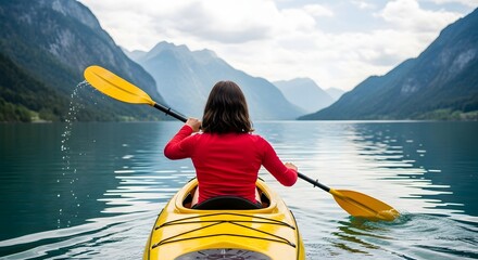 woman kayaking on scenic mountain lake adventure