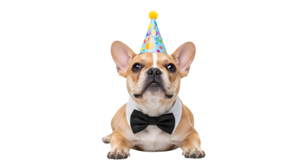 Adorable French Bulldog Puppy in Party Hat and Bow Tie.