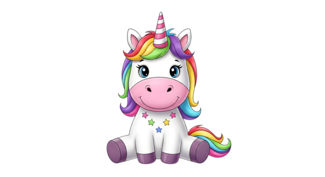 Adorable baby unicorn with rainbow colored mane and tail.