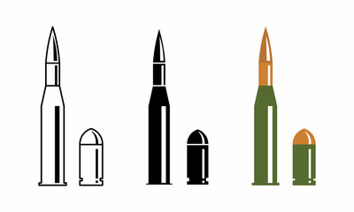 Rifle and pistol bullets icon set: outline, solid black, and colored military design with copper and green. Perfect for icons, symbols, infographics, military themes, and weapon illustrations.