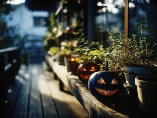 Naklejka premium A cozy outdoor scene featuring Halloween-themed pumpkins with carved faces, illuminated among plants on a wooden deck in soft evening light.