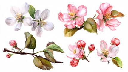 Fototapeta premium A collection of watercolor illustrations of apple blossoms in white and pink, featuring flowers and buds with green leaves