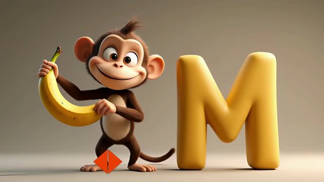 Cute cartoon monkey character with yellow letter M and banana, happy expression, fun playful scene for children