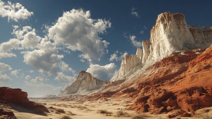 Natural Desert Canyon Scene Showing Red Rocks White Mountain and Expansive Sky