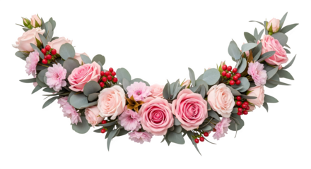 Beautiful Pink Rose Floral Garland Arch Decoration with Greenery and Berries.