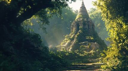 A serene, overgrown temple tower surrounded by lush greenery and soft sunlight filtering through the trees.
