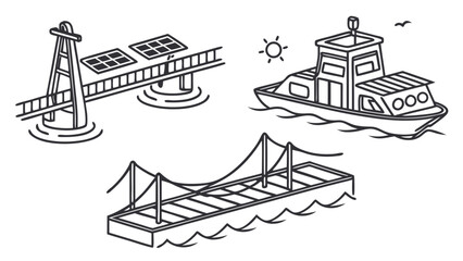 Illustration of a bridge with solar panels, a boat, and a cable bridge