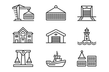 Set of nine black and white line art icons representing shipping logistics and industrial buildings vector