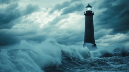 A dark, stormy scene featuring a lighthouse standing tall amidst crashing waves and turbulent clouds.