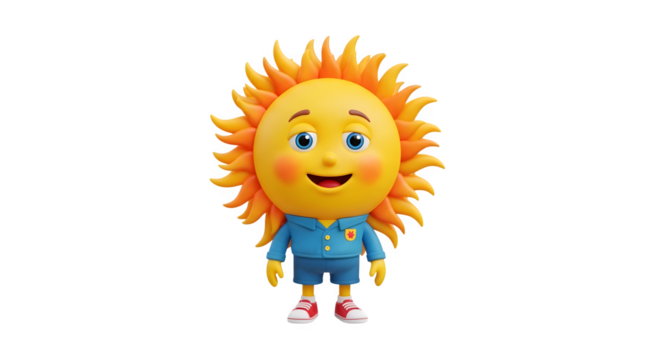 Cheerful Cartoon Sun Character in Casual Outfit.